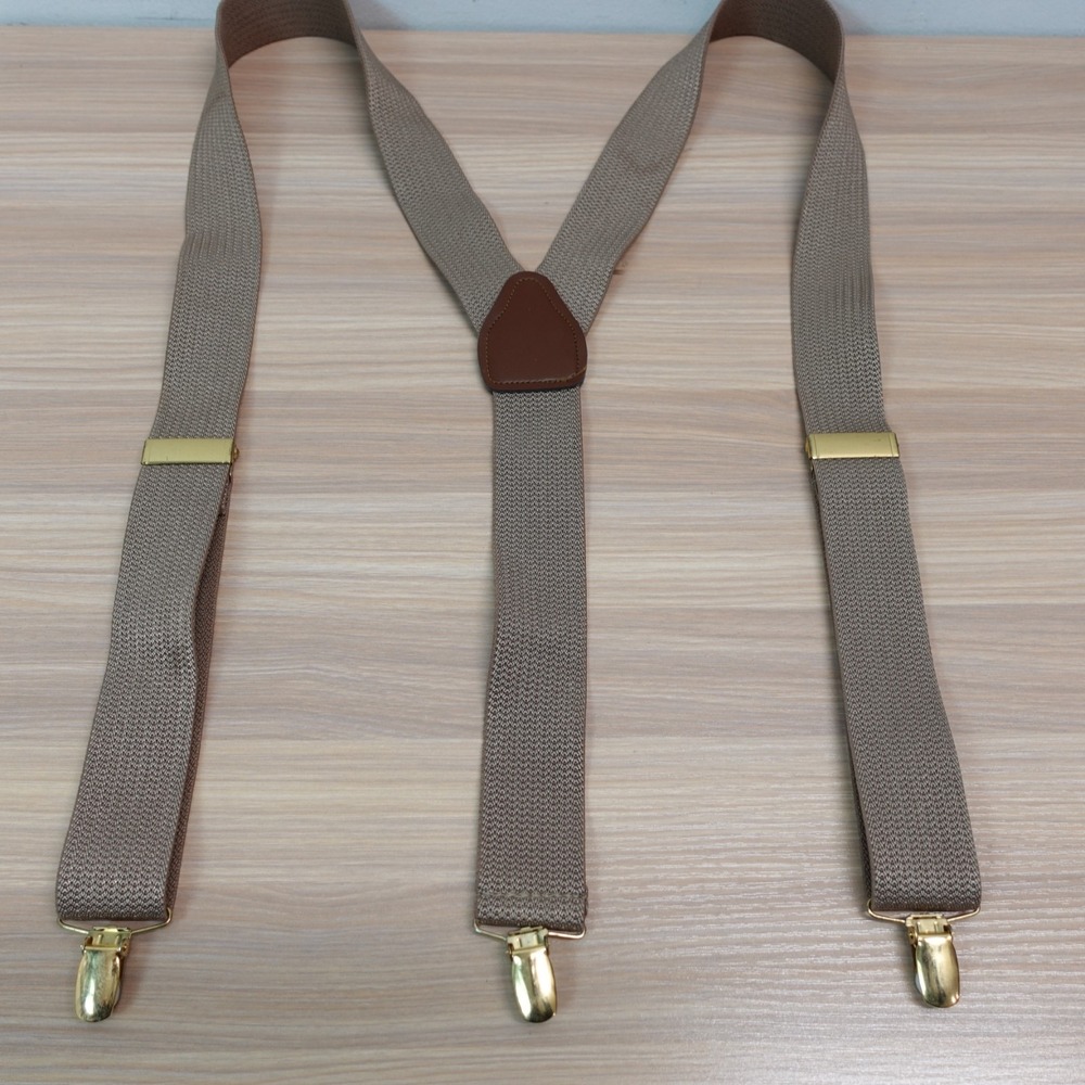 Herringbone Suspenders Mens Taupe Beige Y Back Gold Clip On Formal Ivy USA Made